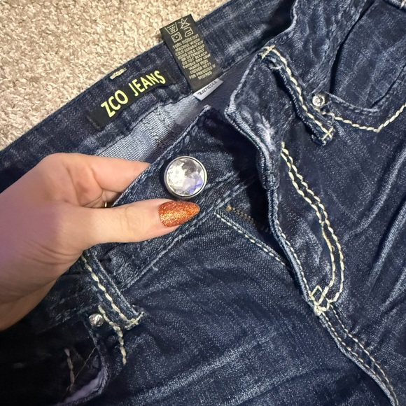 Women's ZCO Dark Wash Saddle Stitch Boot Cut Low Rise Jeans - Picture 6 of 10